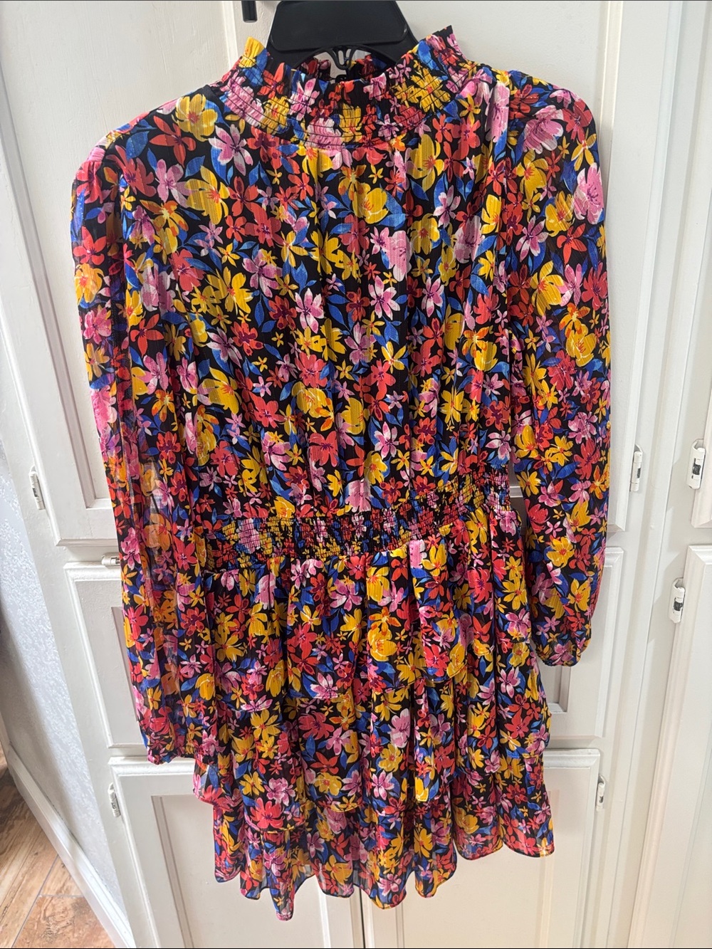 Skies Are Blue Black Floral Smocked Waist Dress with Yellow Pink Blue Blooms